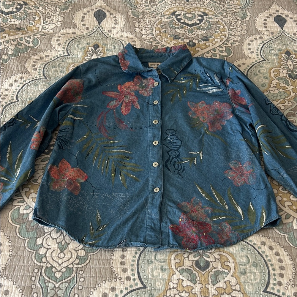 Koret Floral Button-Up 1990s Chambray Button Down Shirt